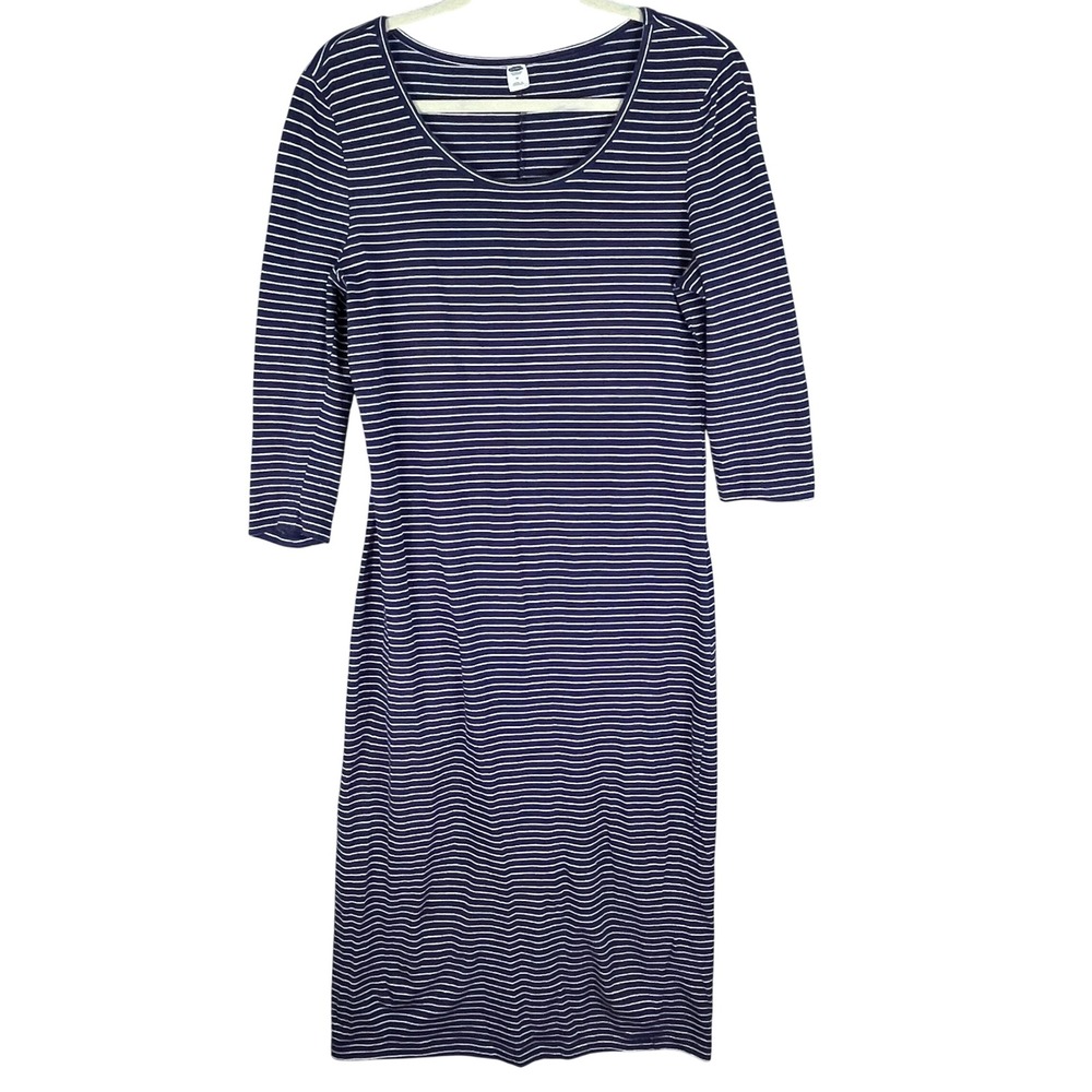 Old Navy Striped Sheath Dress Womens M Blue White Very Good 3/4 Sleeve Midi